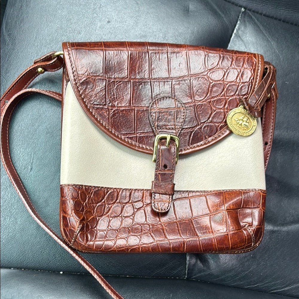 Brahmin Brown and Cream Crossbody Bag with Croc-Embossed Leather